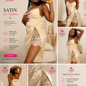 Champagne Satin Lace High-Slit Nightdress – Luxury Women’s Sleepwear